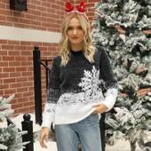 snowflake knitted neck embroidery round tops sweater womens