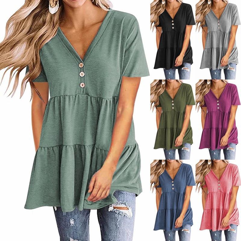 Womens V-neck short-sleeved pullover solid color stitching