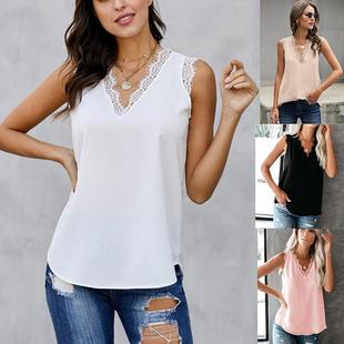 Color Neck Womens Sleeveless Solid Lace Chiffon Loose
