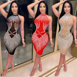 backless sleeveless neck round nightclub dress style midi