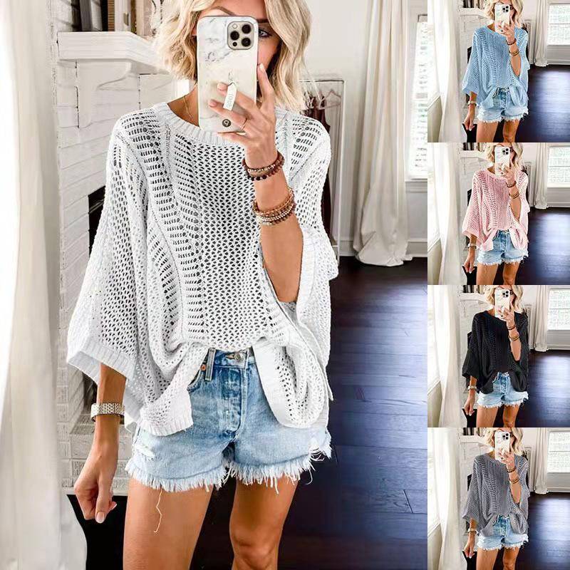 Casual V-neck hollow knit sweater for women pullover