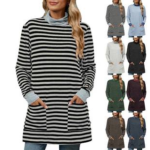 women for top sleeve long T-shirt knitted striped neck