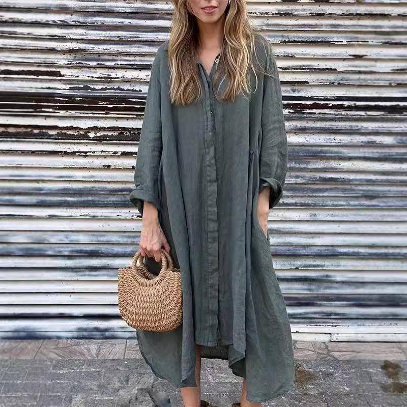 and Loose Casual Solid Cotton Dress Shirt Long Fashion