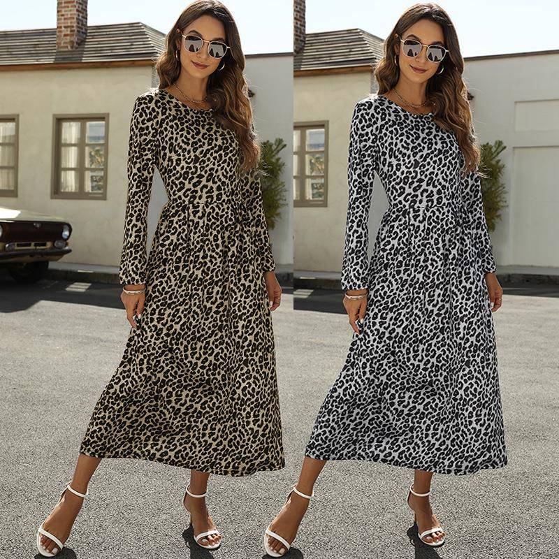 Womens Fashion Ladies Leopard Print Dress Round Neck Long