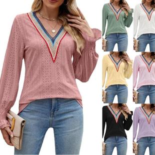 sleeved top neck lace shirt long stitching loose Solid