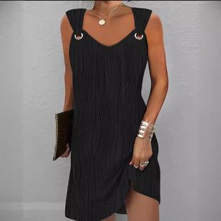 neck button metal dress solid color simple sleeveless