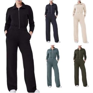 Lapel Zipper Bodysuit Women Leg Sweater Jumpsuit Wide Suit