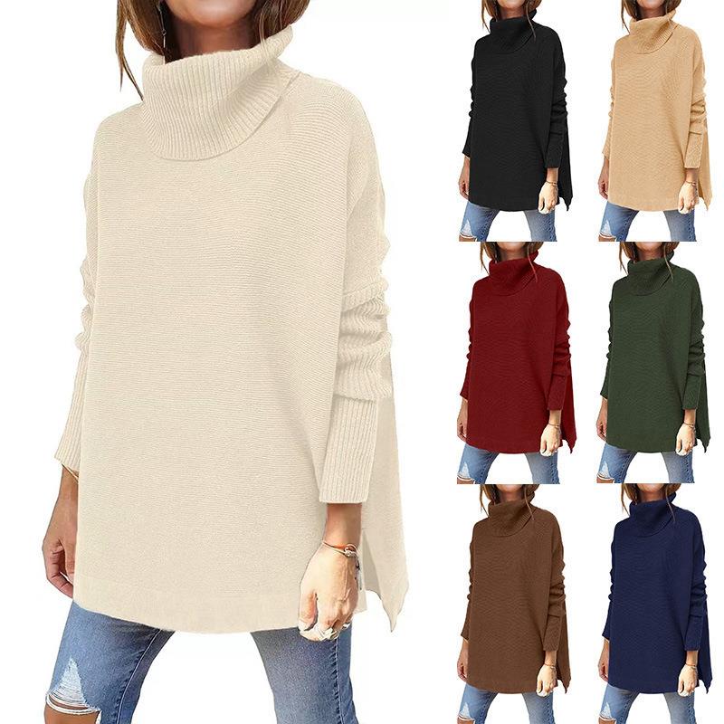 Turtleneck sweater mid-length bat sleeve hem waisted