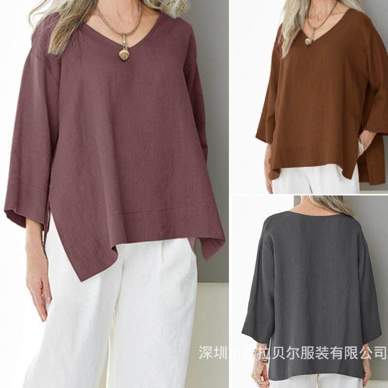 with sleeves shirt V-neck slits cotton linen T-shirt size