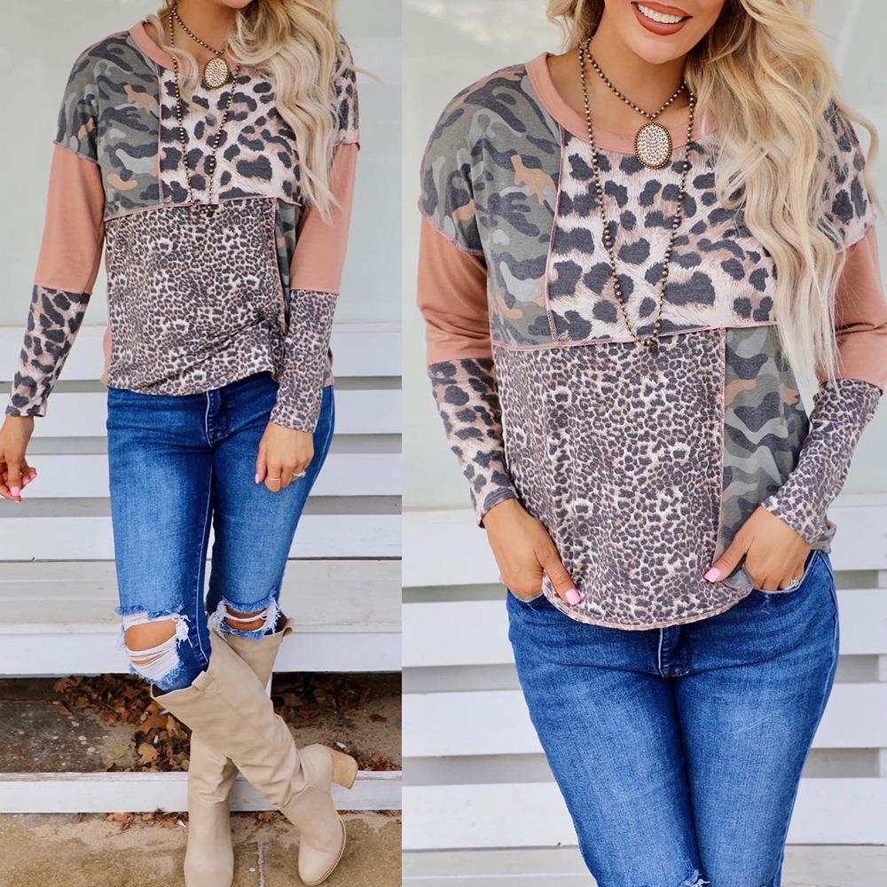 Leopard print long sleeve round neck casual women's top