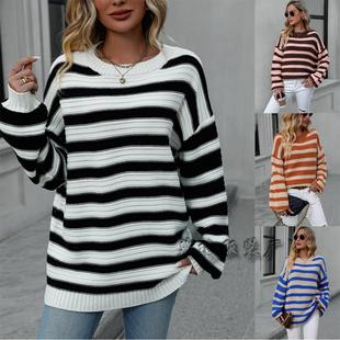 knitted size neck large womens pullover Striped sweater