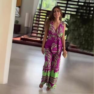 sleeveless slim leg jumpsuit wide neck belt Fashion waist