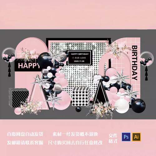高级粉黑配色生日派对拍照区背景板设计素材模板文件