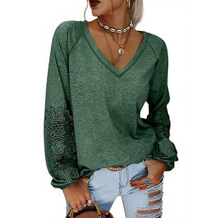 pullover lantern solid lace Womens splicing color neck
