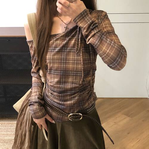 斜肩格纹带抽绳甜辣气质收腰显瘦小众设计感修身女85125