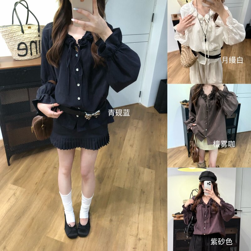【玫瑰庄园】美拉德花朵V领系带喇叭袖宽松长袖衬衫3763
