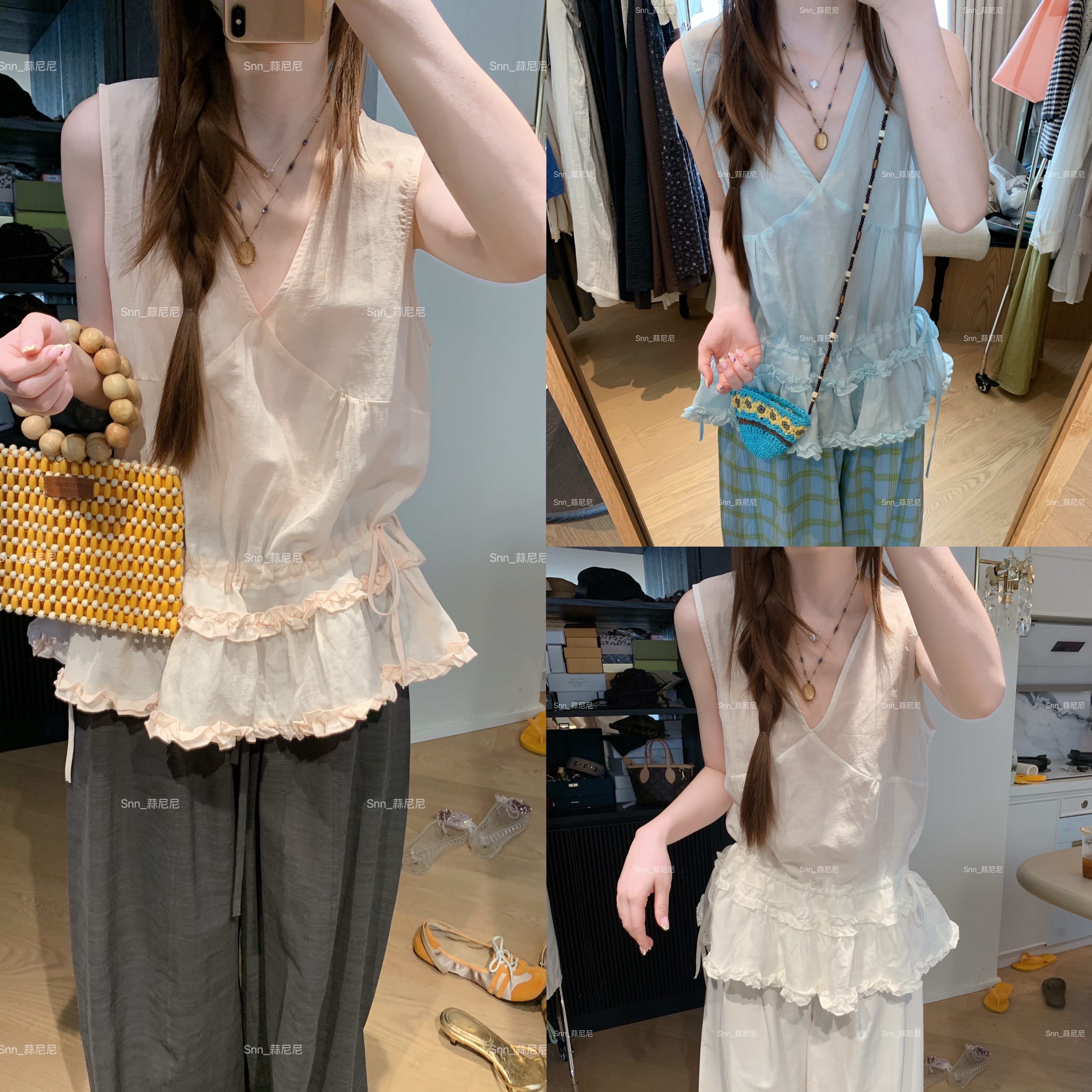 蒜尼尼【30亚麻70莱赛尔】收腰褶皱花边背心裙层次叠搭上衣81077