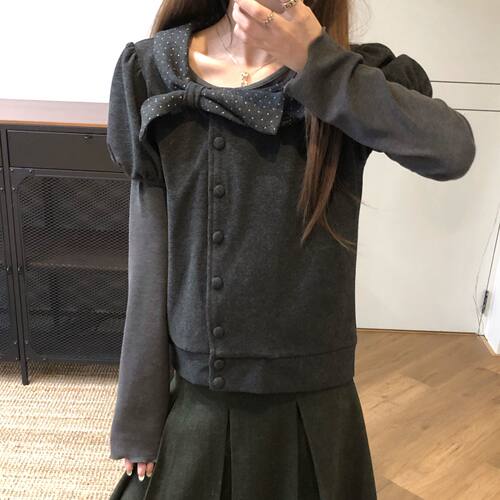 亚萌感翻领波点蝴蝶结针织短袖打底长袖上衣两件套女2416