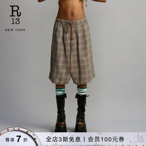 R13宽松格纹七分短裤