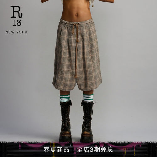 R13 2026春夏新品 宽松阔腿潮流格纹休闲裤短裤七分裤