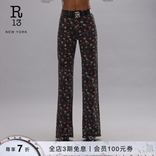 R13高腰微喇印花牛仔裤