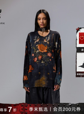 【季末甄选】R13 宽松圆领男友风花卉印花羊绒毛衣针织衫