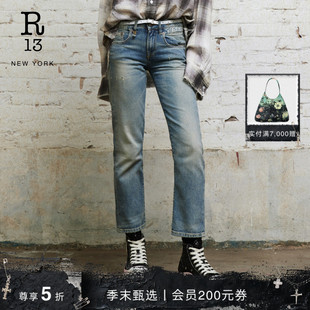 修身 版 型经典 R13 复古做旧设计直筒牛仔裤 STRAIGHT 美式 女 BOY