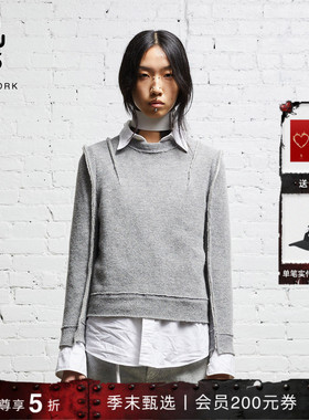 R13 美式BOXY版型外缝线设计灰色直袖圆领针织衫毛衣