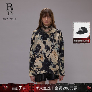 宽松复古做旧花卉印花毛衣针织衫 R13 明星同款