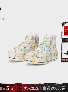 R13 KURT 春日五彩泼墨经典厚底高帮系带帆布鞋板鞋