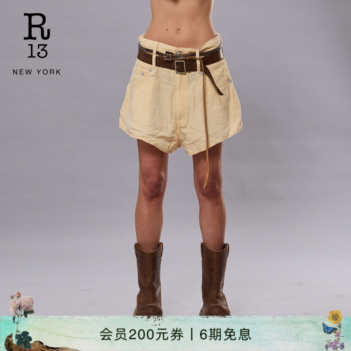 R13春夏双腰环亚麻落裆短裤