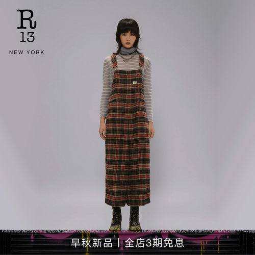 R13宽松工装格纹背带裤