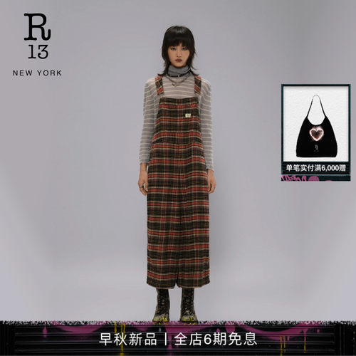 R13宽松工装格纹背带裤