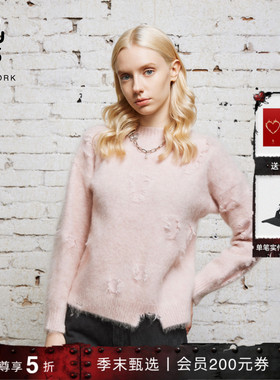 R13 俏皮显瘦做旧补丁设计马海毛混纺针织套头毛衣女