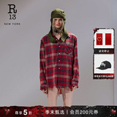季 末甄选 R13 明星同款 宽松复古做旧毛边红黑格纹衬衫