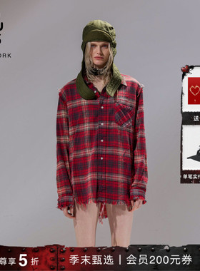 【季末甄选】R13 明星同款宽松复古做旧毛边红黑格纹衬衫