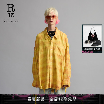R13宽松落领格纹衬衫
