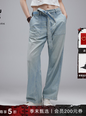【明星同款】R13 VENTI 腰带款水洗低裆阔腿牛仔裤