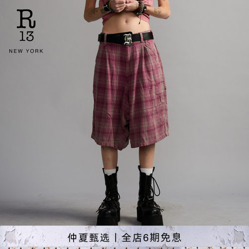 R13 2026春夏新品 宽松时尚工装风格纹五分裤休闲短裤