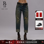 R13 直筒牛仔裤 ROMEO 深色水洗做旧褪色男友风低腰修身