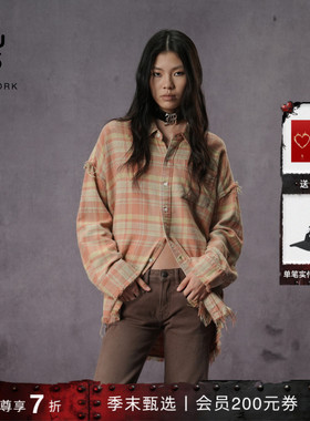 【季末甄选】R13 明星同款宽松做旧毛边下摆卡其格纹衬衫