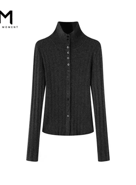 MM麦檬新品灰色绵羊毛高领针织开衫毛衣25秋冬新款上衣5GA134071