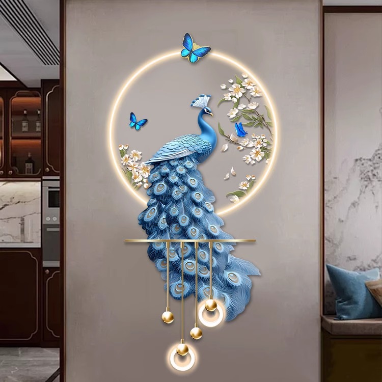 孔雀玄关装饰画高级感立体LED壁灯新中式入户走廊过道挂画2025新图片