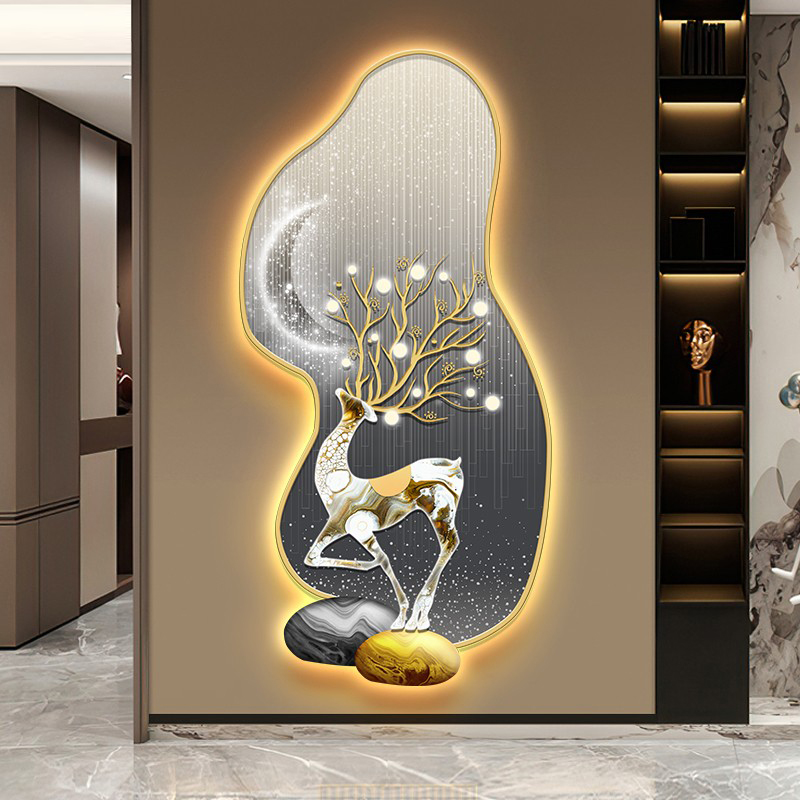 入户玄关装饰画LED灯画竖版进门背景墙挂画轻奢麋鹿石头走廊尽头