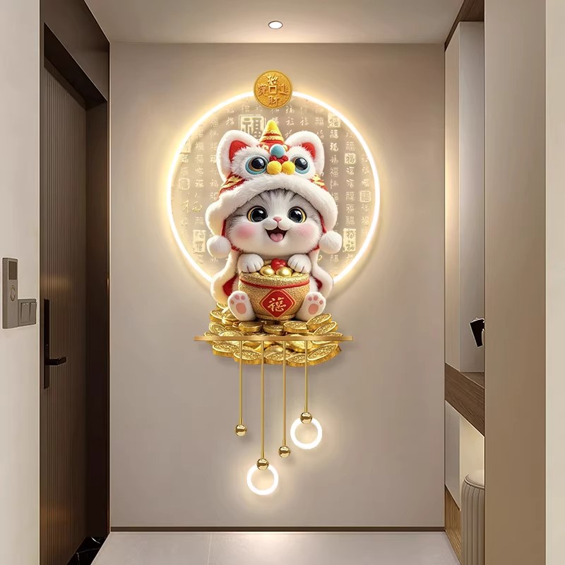醒狮招财猫玄关装饰画卡通入户门带灯壁画奶油风福字走廊过道挂画