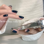 穿戴甲2026年新款 亮面防水手工成品纯色墨蓝色中长款 辣妹美甲贴片