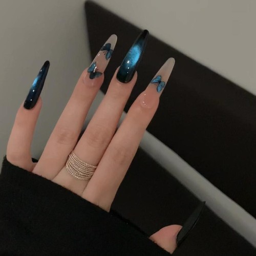 甜辣风小众蓝色猫眼蝴蝶手工穿戴甲2025年新款高级感爆闪显白美甲