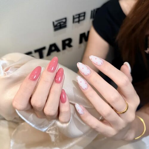 韩系少女心穿戴甲蜜桃粉白波点温柔纯欲中长款甜美纯手工美甲贴片