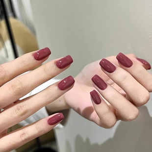 手工美甲贴片成品豆沙色纯色穿戴甲高级感秋冬款中长款黄黑皮显白