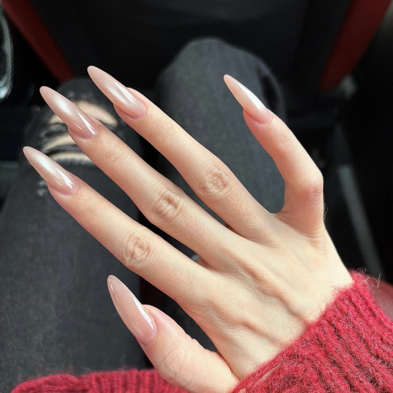 纯手工穿戴甲美甲长款2025新款高级感显白裸色追光猫眼银尘秘境